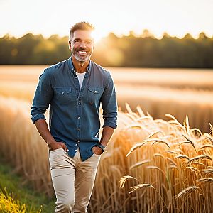 Man in Denim Shirt Walking in Wheat Field at Sunset