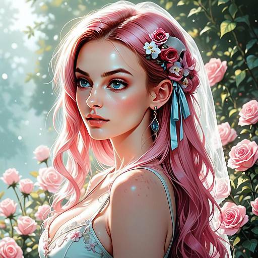 Digital Portrait of Woman with Pink Hair and Roses in Garden