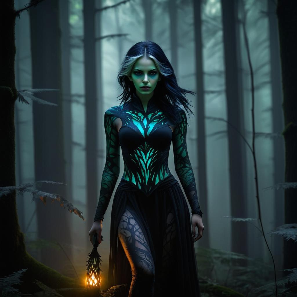 Mysterious Woman in Gothic Fantasy Forest with Lantern