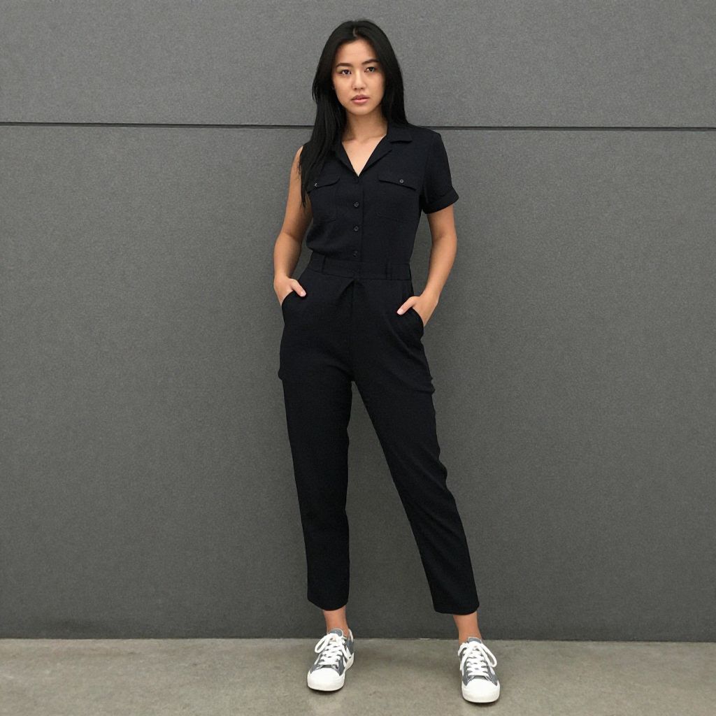 Confident Woman Wearing Black Jumpsuit and Sneakers Against Grey Wall