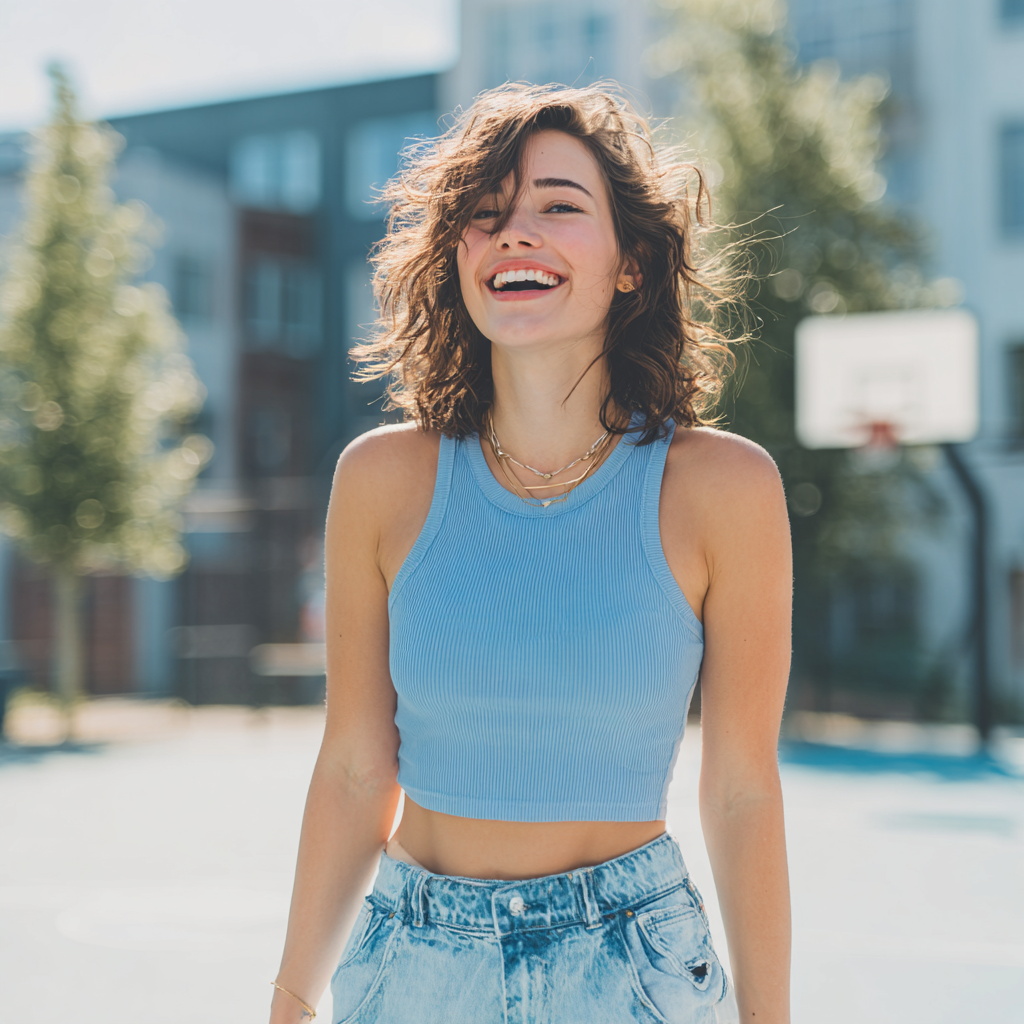 Happy young woman laughing outdoors in sunlight Happy young woman laughing outdoors in sunlight