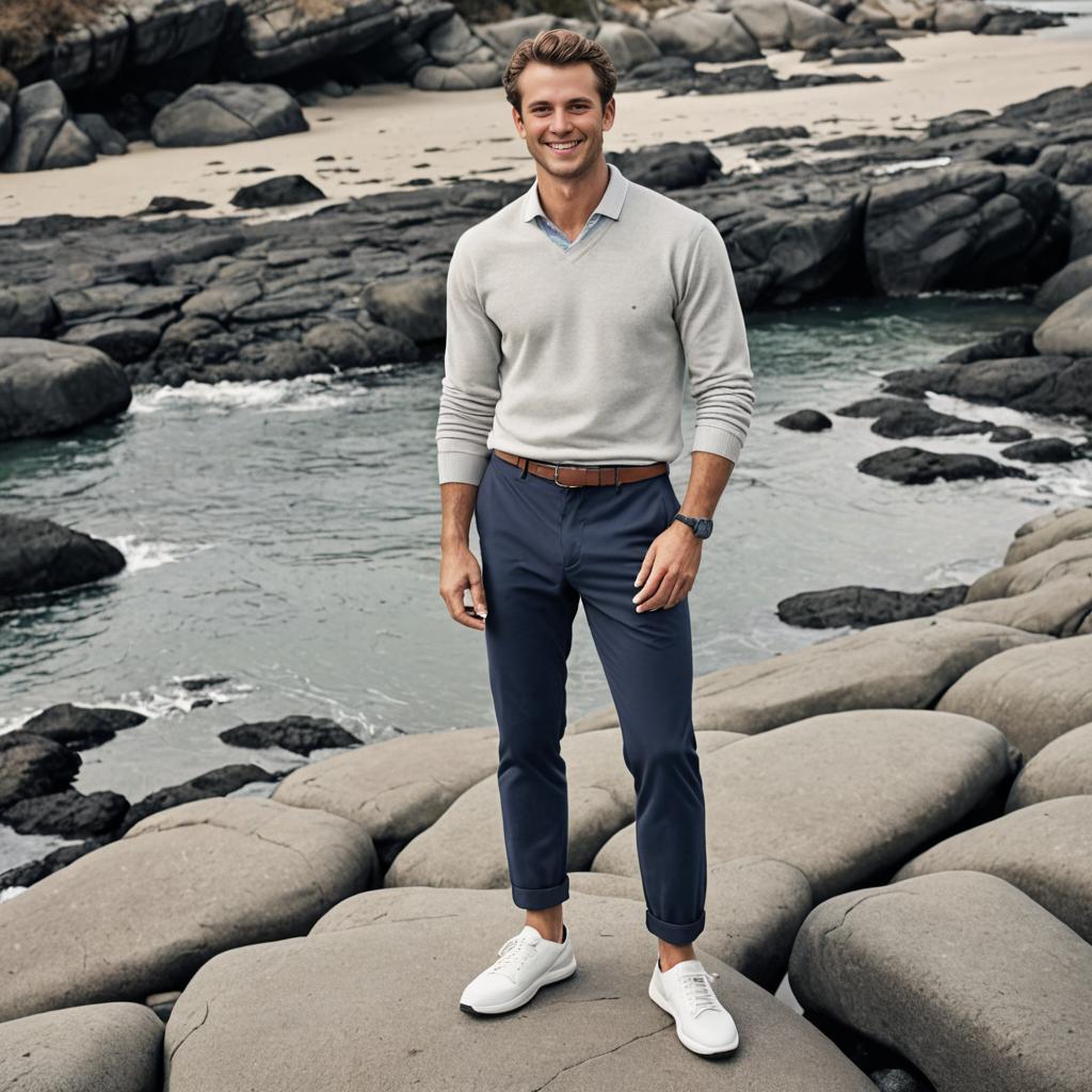 Man in Smart Casual Style on Rocky Shore