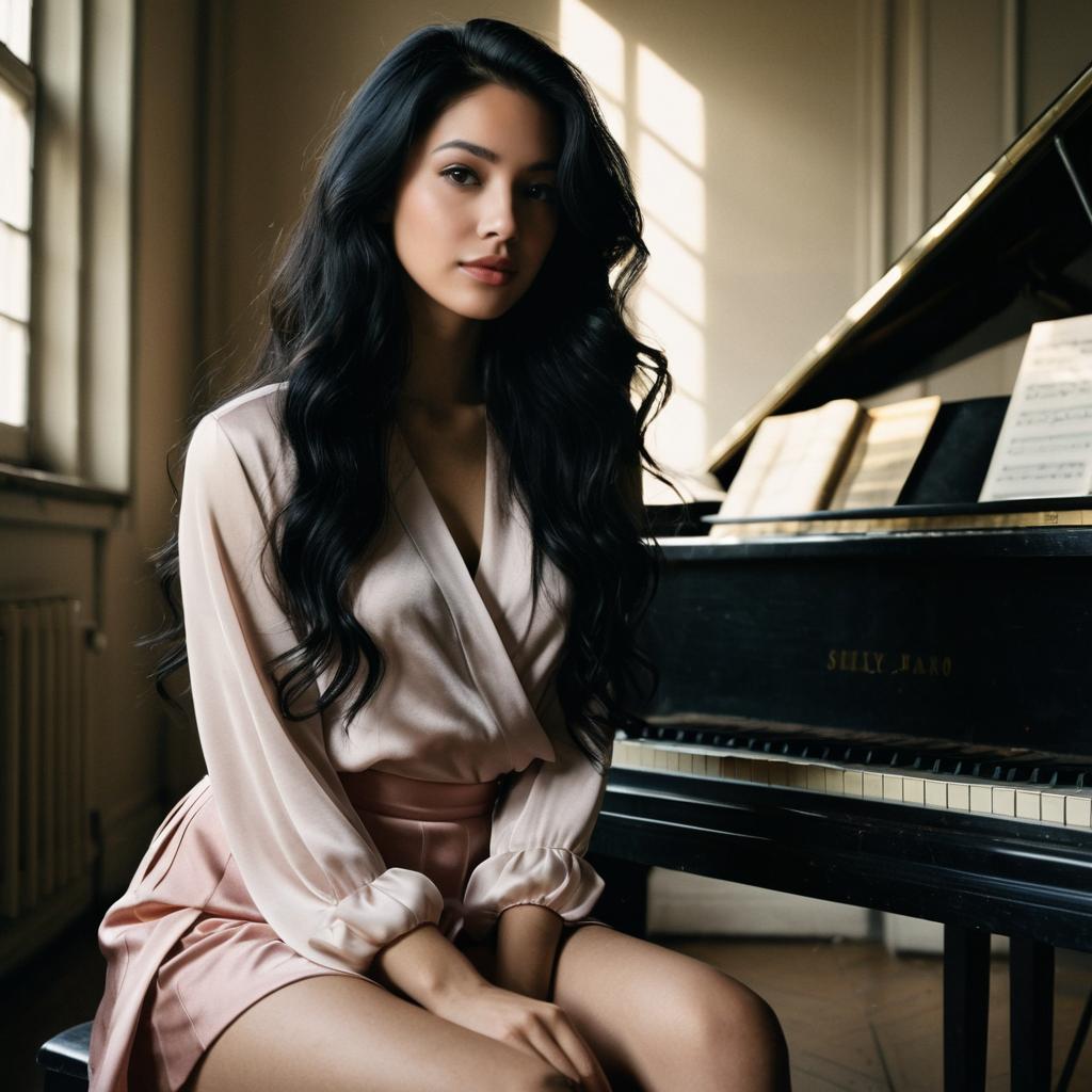 Elegant Woman Sitting Beside Grand Piano in Natural Light