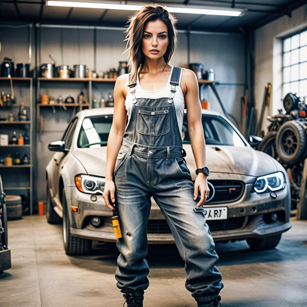 Confident Woman in Gray Overalls in Garage with Vintage Car