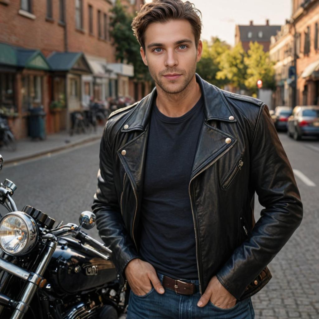 Man in Black Leather Jacket with Motorcycle