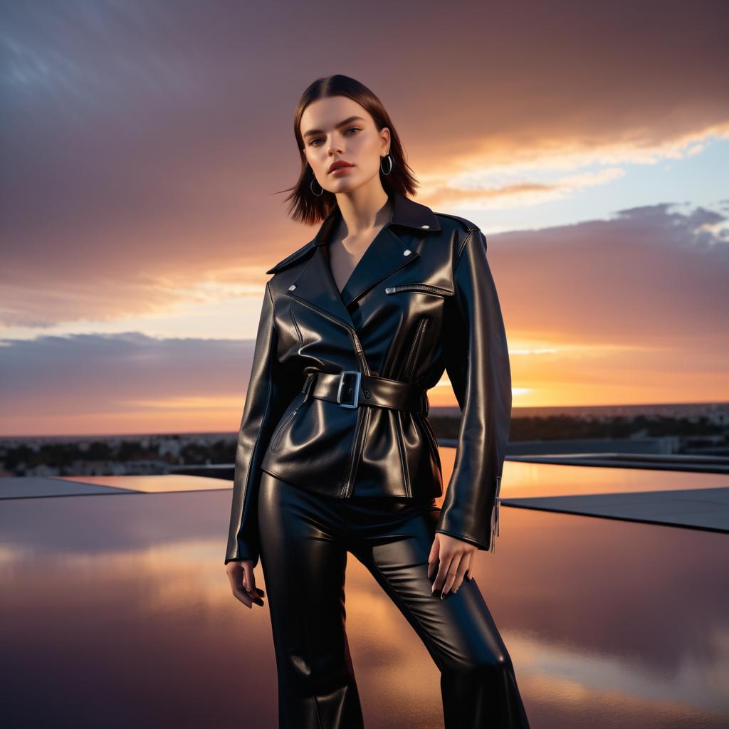 Confident Woman in Black Leather Outfit at Sunset