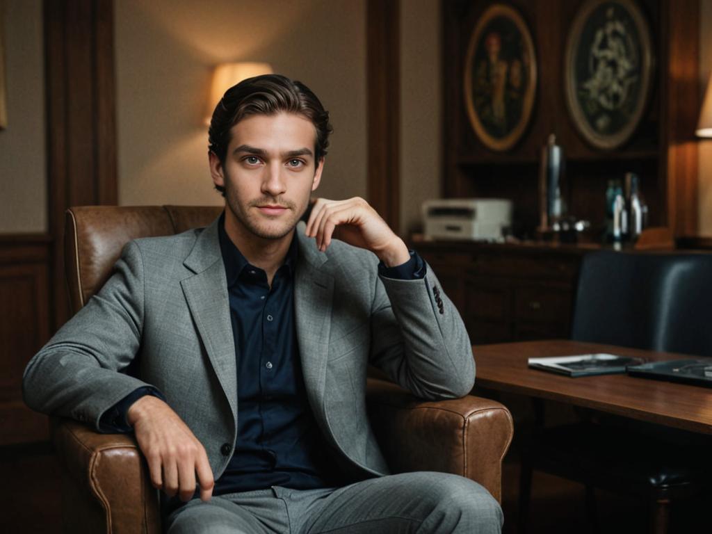 Confident young man in grey suit in elegant room