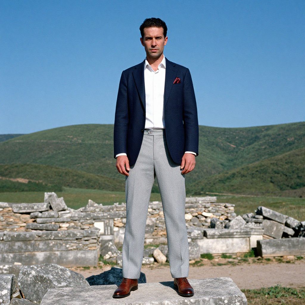 Man in Classic Navy Blazer and Grey Pants Standing on Stone Amidst Ruins