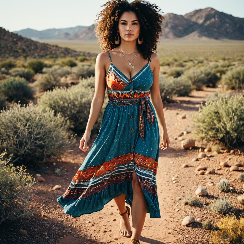 Bohemian Woman Walking Barefoot in Desert Landscape Wearing Ethnic Print Dress