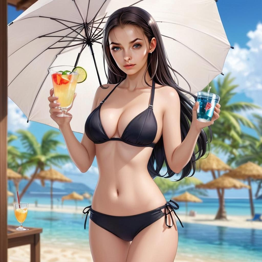 Anime Style Woman in Black Bikini with Cocktails on Tropical Beach