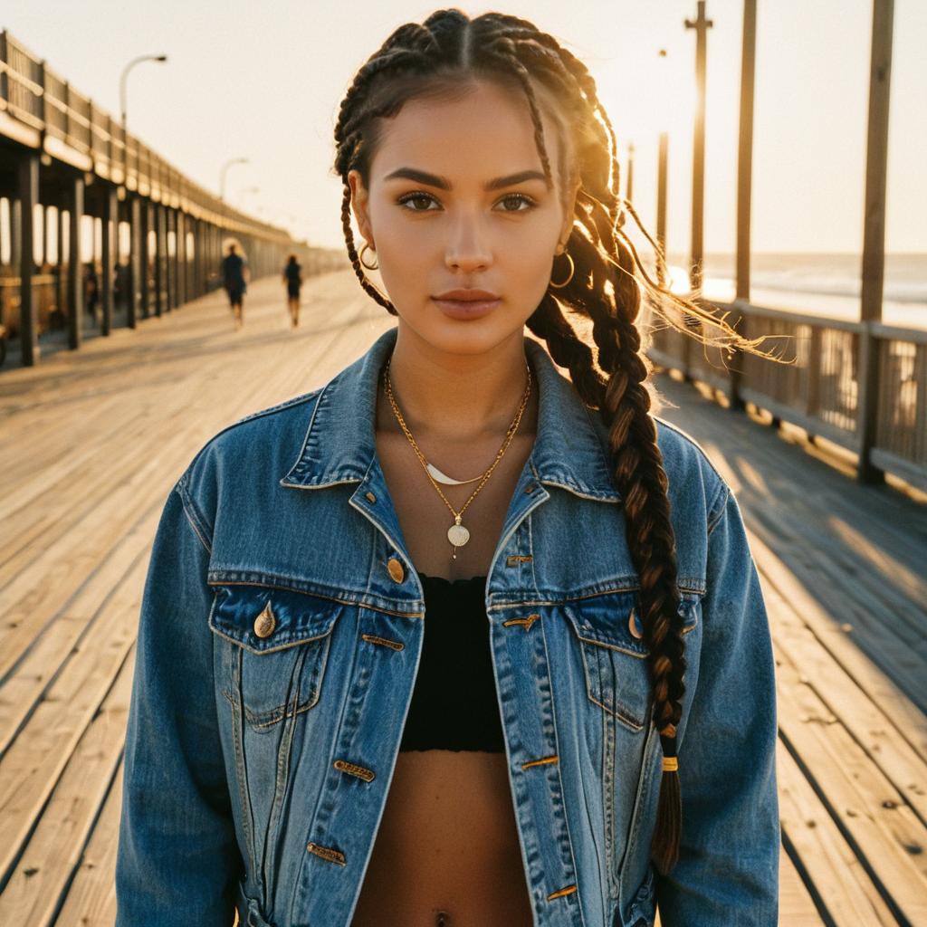 Young Woman Wearing Denim Jacket on Sunlit Pier at Golden Hour
