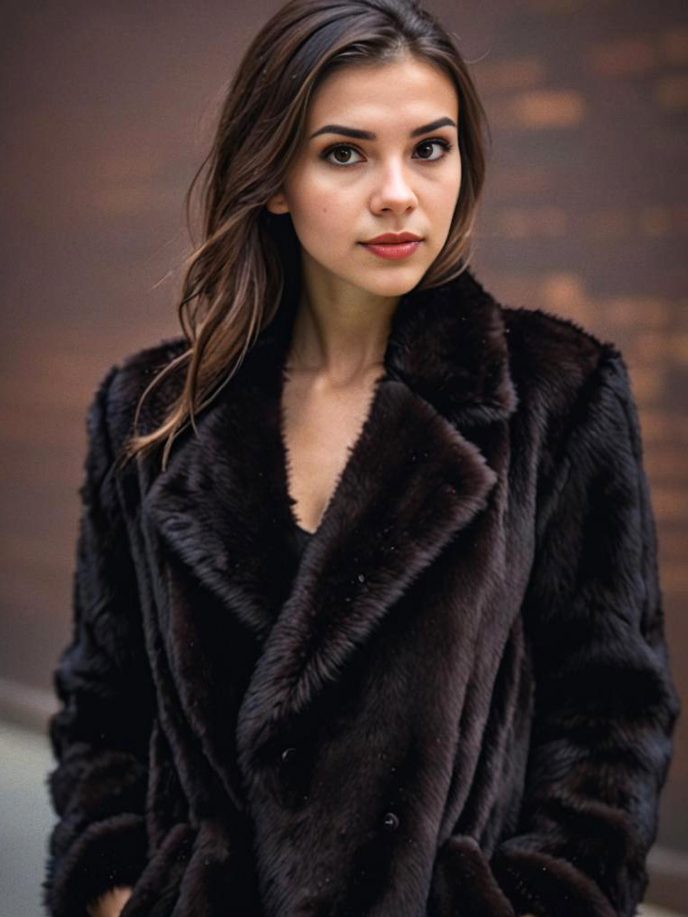 Elegant Young Woman in Dark Fur Coat