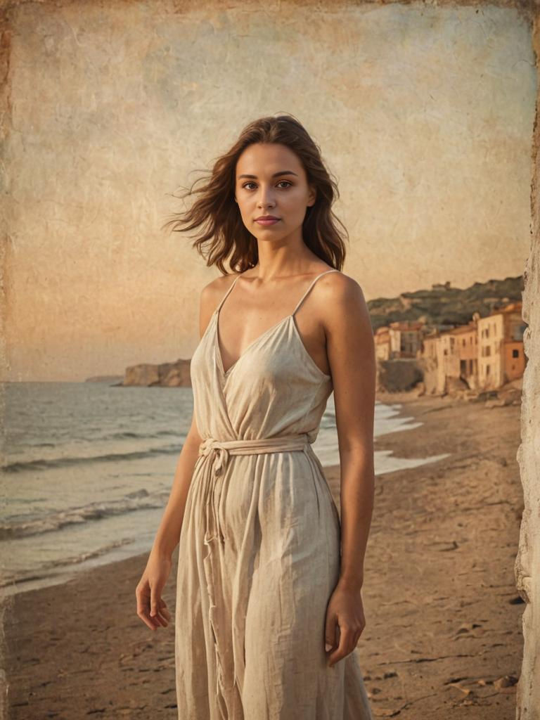 Elegant Woman on Sandy Beach with Sunset and Village