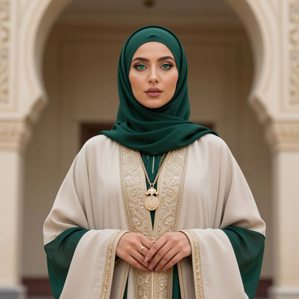 Elegant Woman in Green Hijab and Embroidered Abaya in Ornate Setting