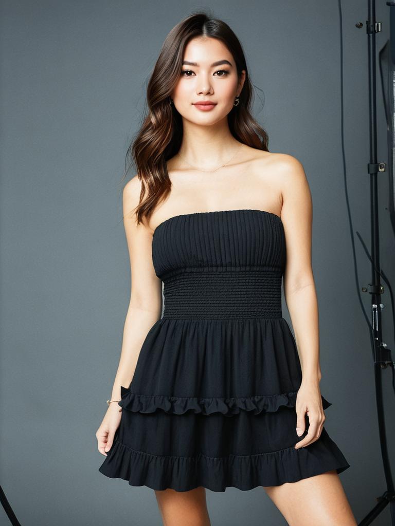 Casual Chic Black Strapless Mini Dress with Smocked Bodice and Ruffled Skirt