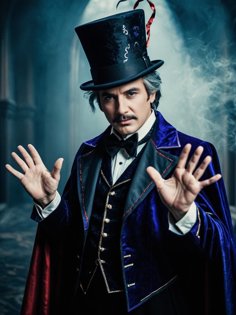 Man in Magician Costume with Cinematic Realism and Dramatic Magical Cosplay Man in Magician Costume with Cinematic Realism and Dramatic Magical Cosplay