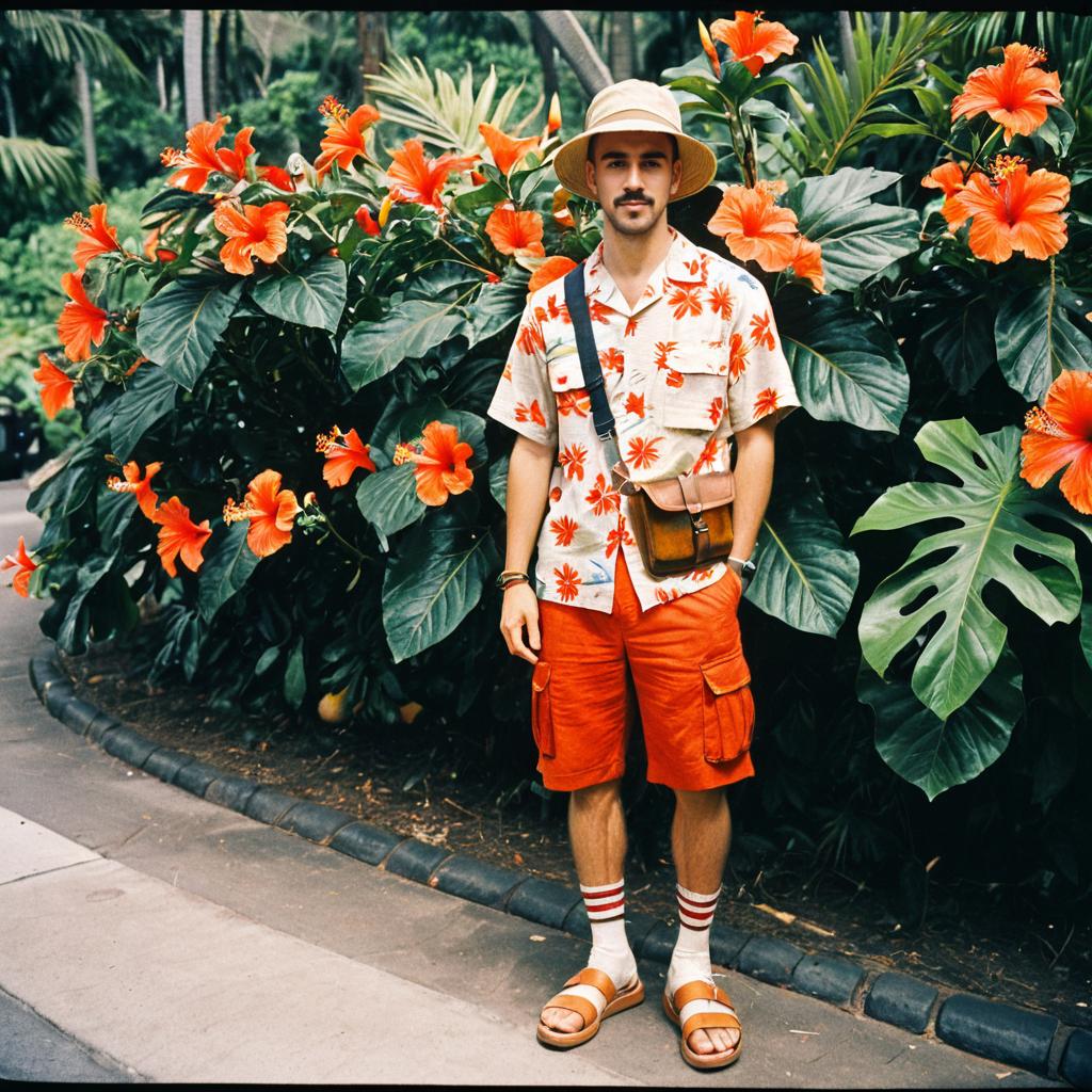 Man Wearing Tropical Outfit Standing by Orange Hibiscus Flowers