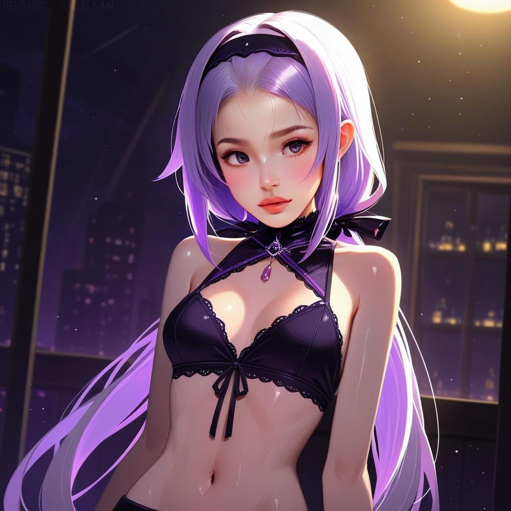 Anime-Style Illustration of Woman with Lavender Hair in Black Lace Bralette