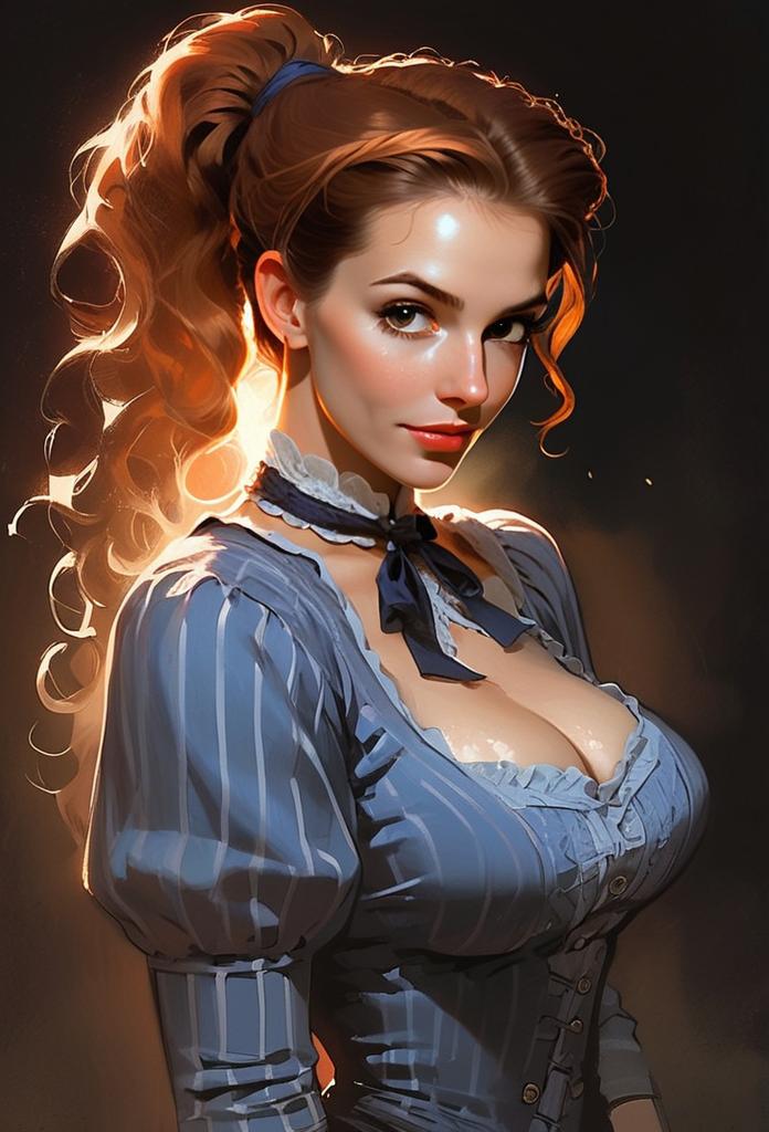 Digital Painting of Woman in Vintage Blue Striped Dress with Curly Hair