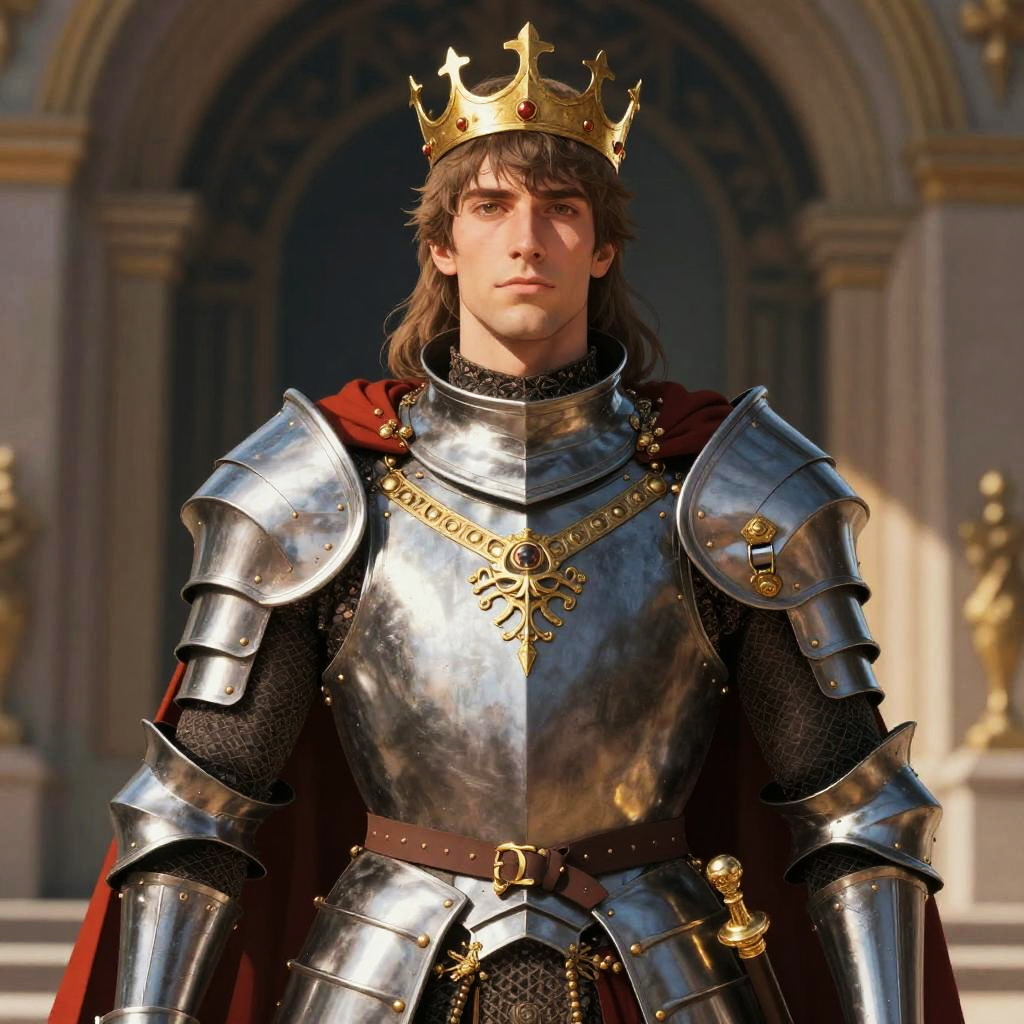 Young King in Shining Medieval Armor and Golden Crown