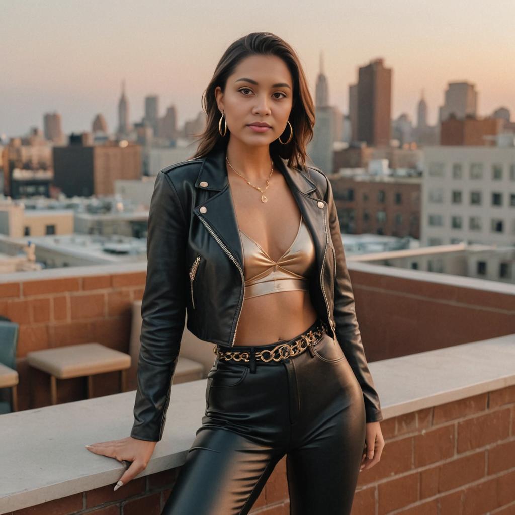 Stylish Woman on Rooftop at Golden Hour