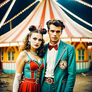 Stylish Couple in Vintage Circus Outfits by Big Top Tent