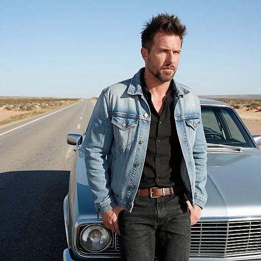 Man in Denim Jacket Standing by Classic Car on Desert Highway