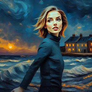 Woman by Turbulent Sea at Sunset