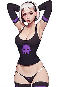 Anime Style Digital Illustration of Woman in Black and Purple Outfit with Skull Motif