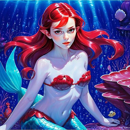 Ariel Mermaid Anime Illustration with Red Hair Underwater