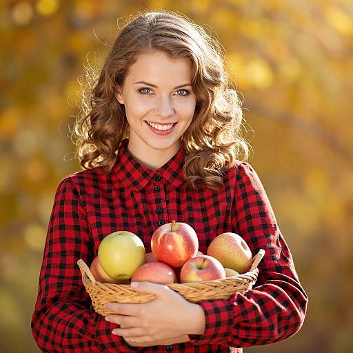 Young Woman Holding Basket of Apples in Autumn Setting
