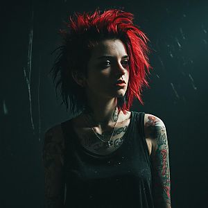 Edgy Woman with Red Spiked Hair and Tattoos in Dark Portrait