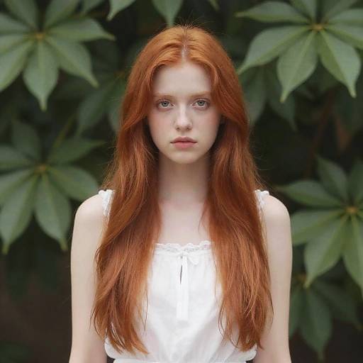 Portrait of Red-Haired Gen Z Woman in White Top with Green Leaves Background