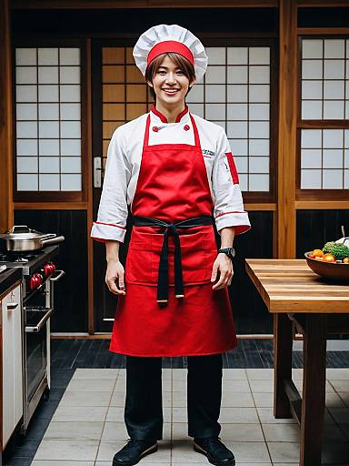 Young Chef in Red Apron Standing in Traditional Japanese Kitchen