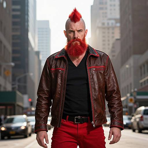 Man with Red Mohawk and Beard in Brown Leather Jacket on City Street