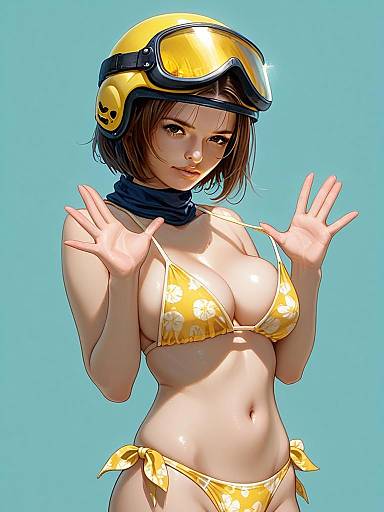 Realistic Woman in Yellow Tropical Print Bikini with Helmet and Goggles