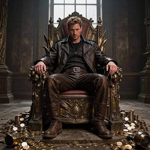 Man in Leather Jacket Sitting on Ornate Golden Throne Surrounded by Gold Coins