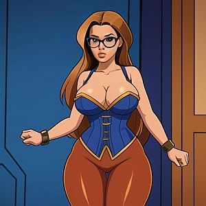 Confident Woman in Blue Corset and Brown Pants