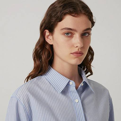 Young Woman Wearing Light Blue Striped Shirt Minimalist Portrait