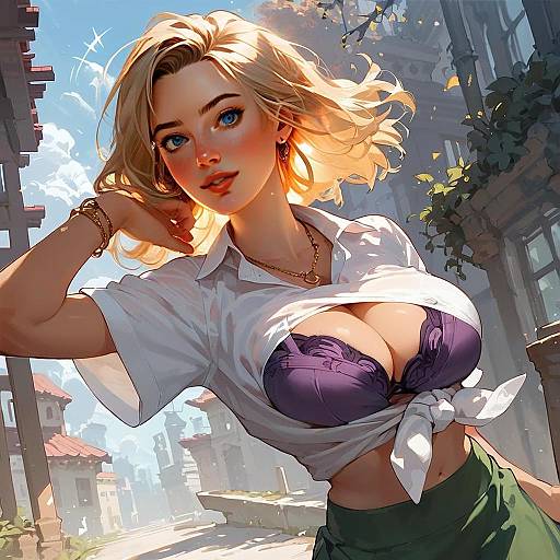 Blonde Woman in White Blouse and Purple Lace Bra on Sunlit Street - Anime Style Digital Art
