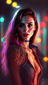 Neon Cyberpunk Digital Portrait of Woman with Vibrant Hair Lighting