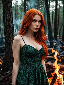 Red-Haired Woman in Green Dress Amid Forest Fires