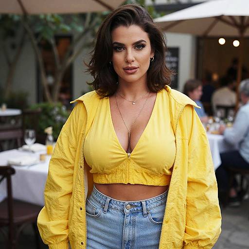 Woman in Casual Streetwear Wearing Oversized Yellow Jacket and Cropped Top