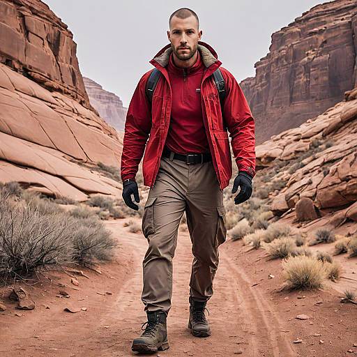 Man Hiking Through Rugged Desert Canyon in Red Jacket