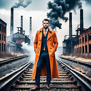 Confident Man in Orange Trench Coat on Railway Tracks