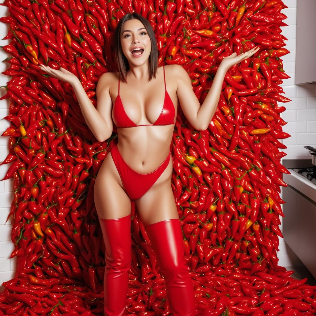 Confident Woman in Red Bikini with Chili Peppers