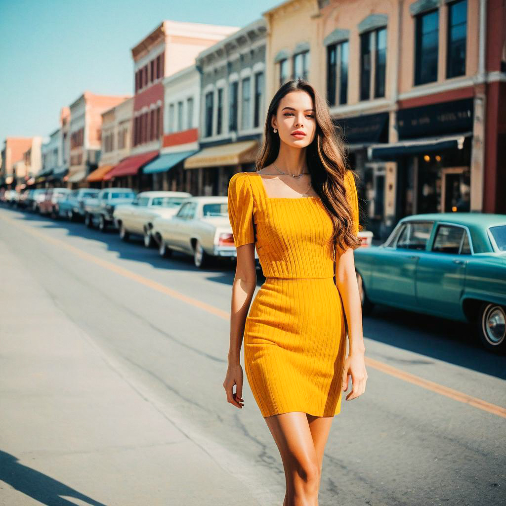 Young Woman in Yellow Dress on Sunlit Street with Vintage Cars Young Woman in Yellow Dress on Sunlit Street with Vintage Cars