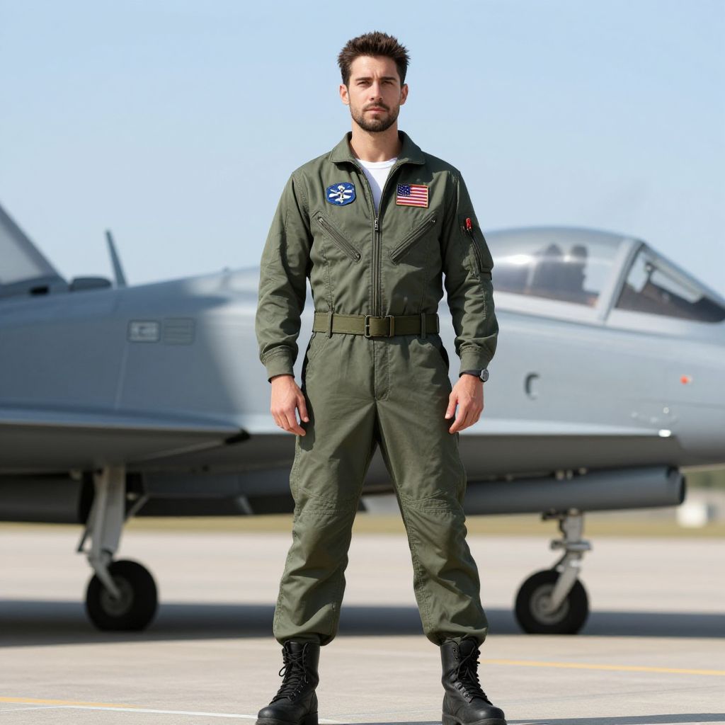 Male Pilot Standing Confidently in Front of Fighter Jet in Flight Suit