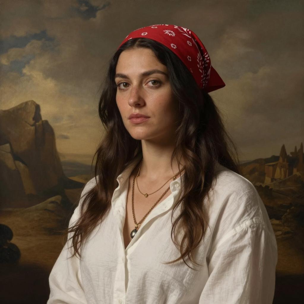 Portrait of Woman with Red Bandana in Classical Landscape Style