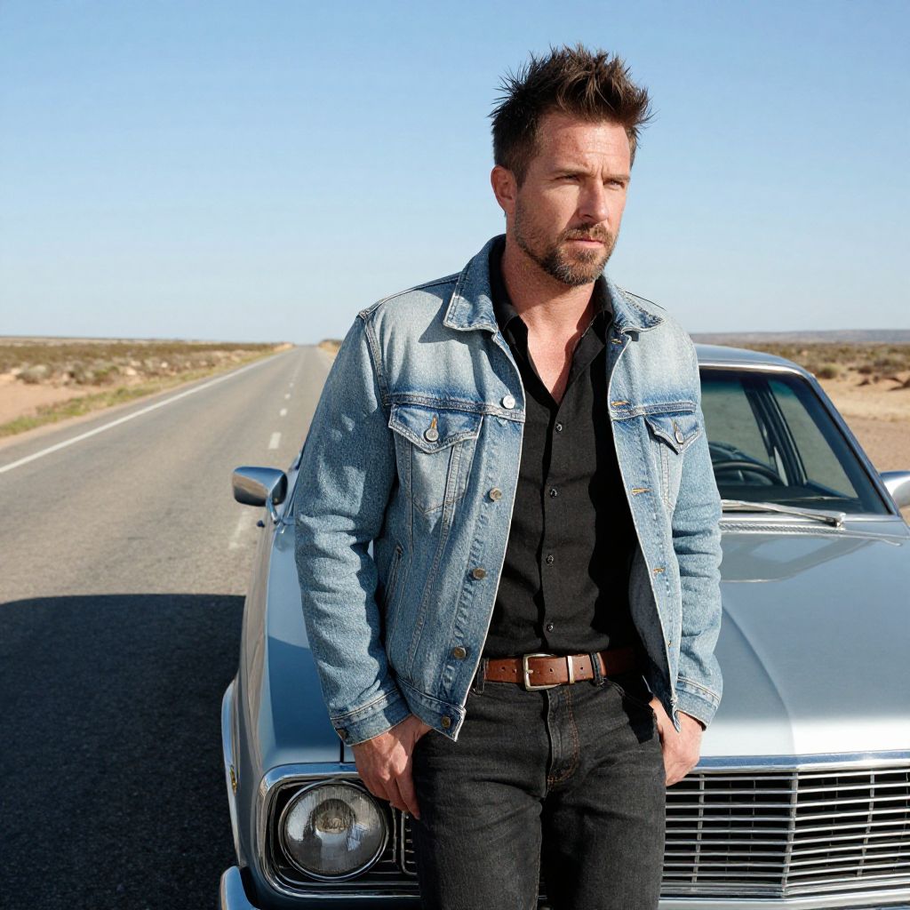 Man in Denim Jacket Standing by Classic Car on Desert Highway
